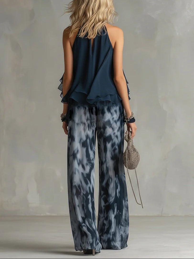 Sylvie | Chiffon-Set mit Neckholder-Top und bedruckter weiter Hose, Navy