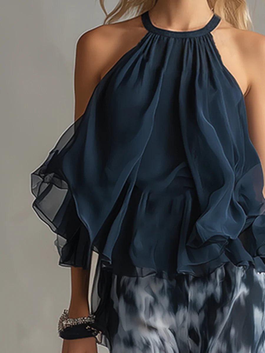 Sylvie | Chiffon-Set mit Neckholder-Top und bedruckter weiter Hose, Navy