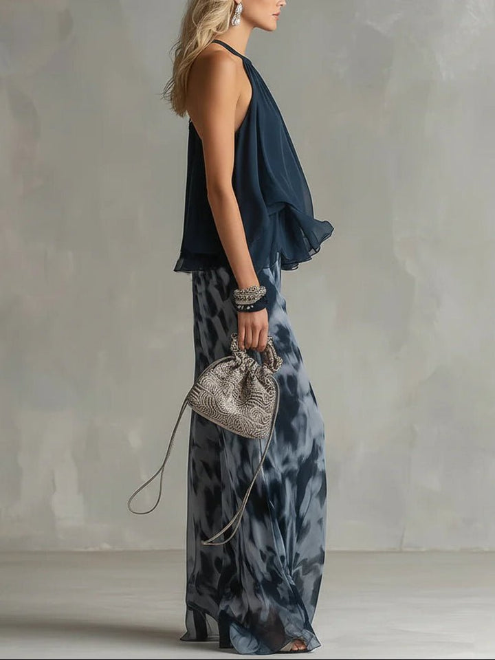 Sylvie | Chiffon-Set mit Neckholder-Top und bedruckter weiter Hose, Navy