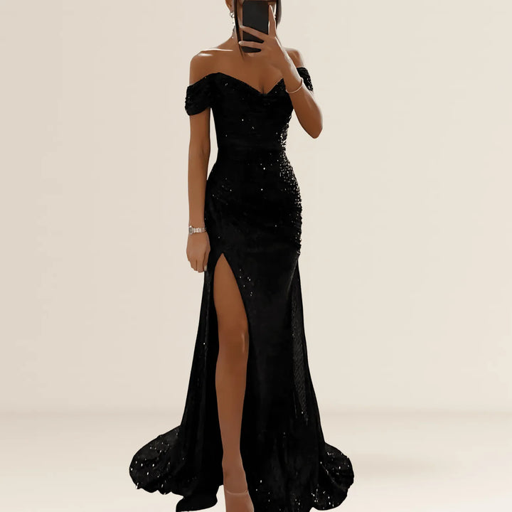 Irmhild | Off-Shoulder-Maxikleid mit Pailletten und Beinschlitz
