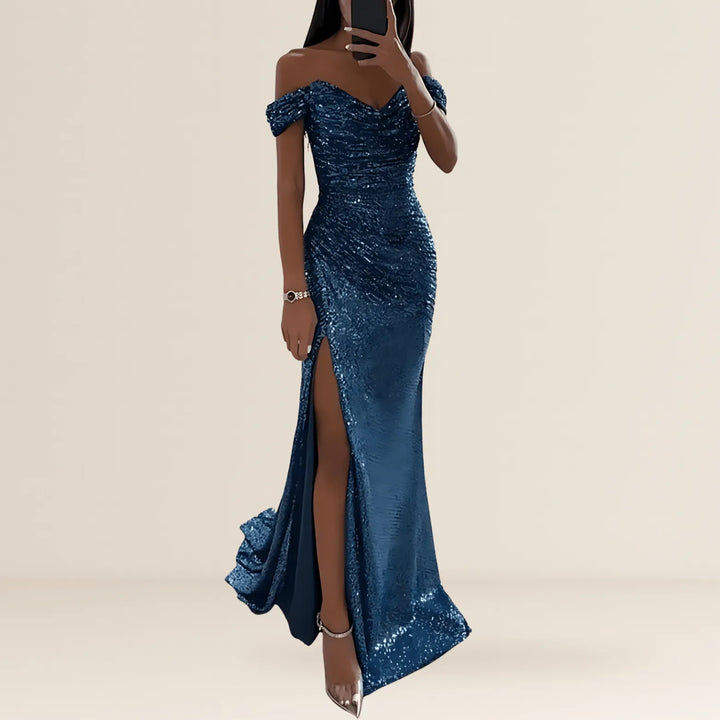 Irmhild | Off-Shoulder-Maxikleid mit Pailletten und Beinschlitz