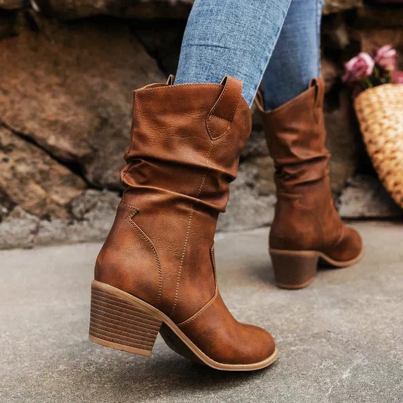 Xenia | Wadenhohe Stiefel mit stabilem Blockabsatz und Anziehschlaufen