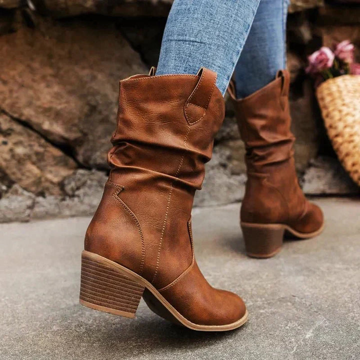 Xenia | Wadenhohe Stiefel mit stabilem Blockabsatz und Anziehschlaufen