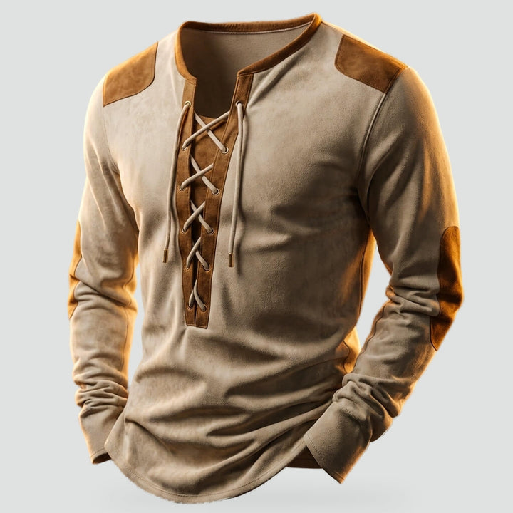 Gernot | Herren-Longsleeve mit Schnürkragen und Kontrasteinsätzen