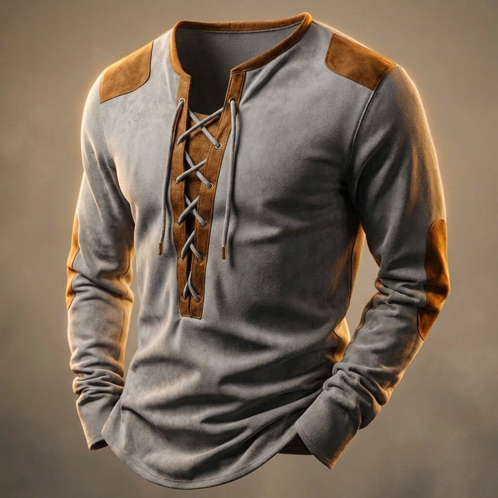 Gernot | Herren-Longsleeve mit Schnürkragen und Kontrasteinsätzen