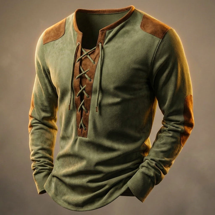 Gernot | Herren-Longsleeve mit Schnürkragen und Kontrasteinsätzen