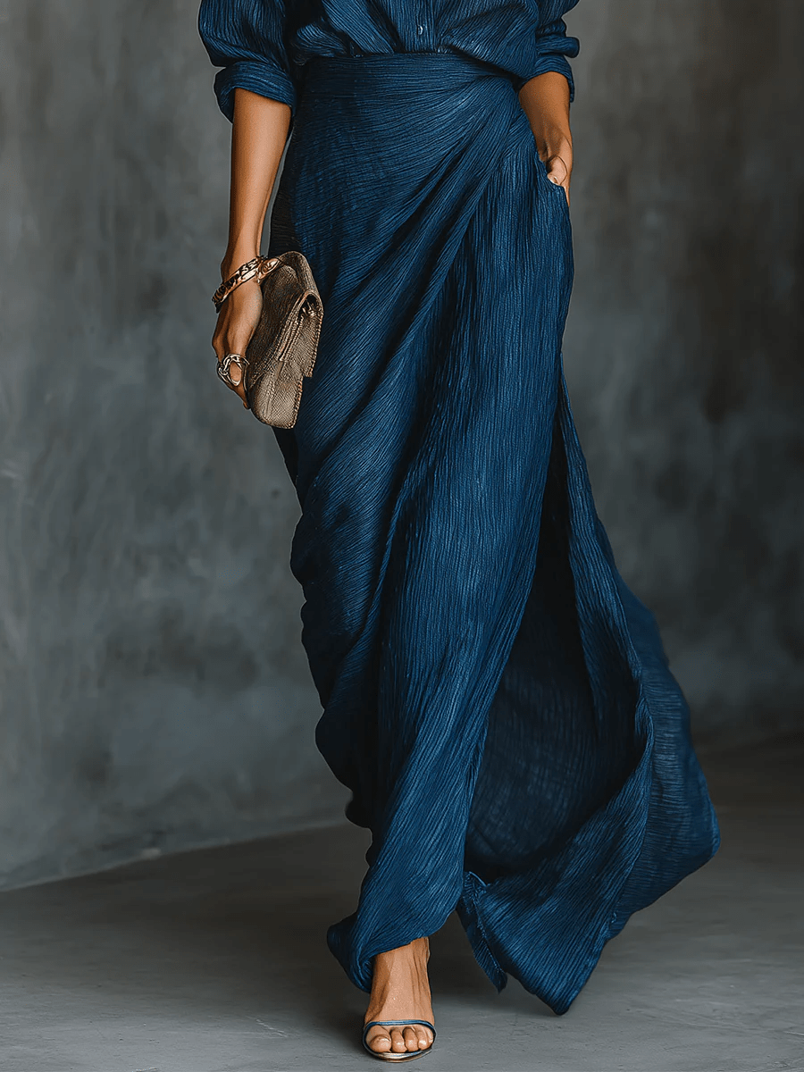 Verena | Maxikleid mit V-Ausschnitt und langen Ärmeln, Navy