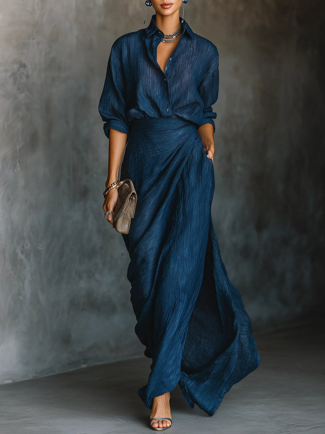 Verena | Maxikleid mit V-Ausschnitt und langen Ärmeln, Navy