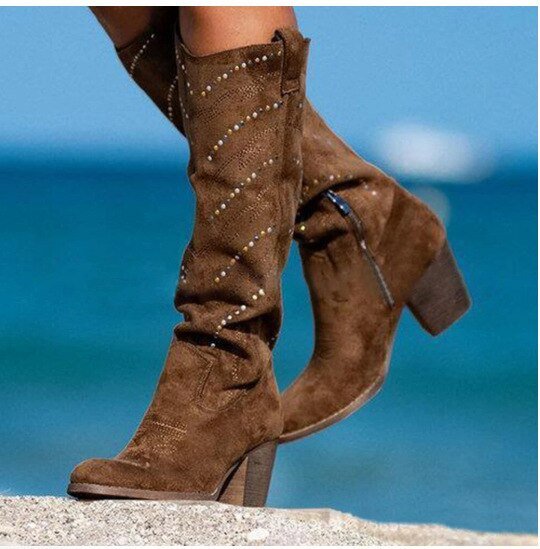 Alma | Kniehohe Stiefel mit Reißverschluss und Blockabsatz