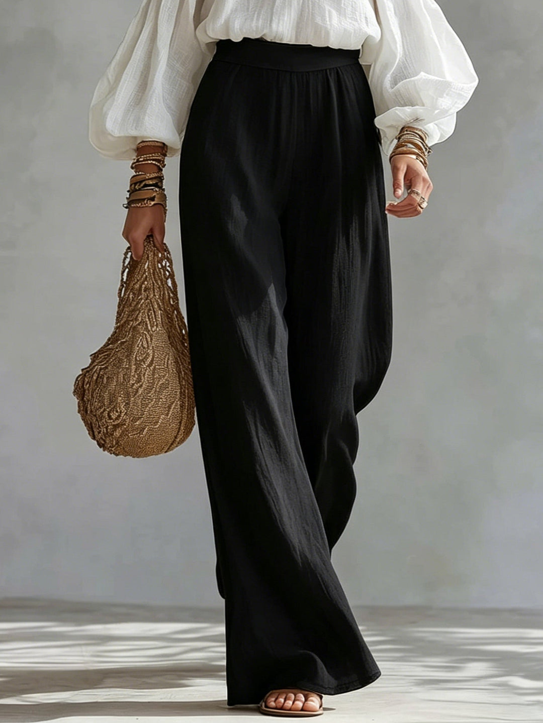 Gesa | Zweiteiler-Set mit Off-Shoulder-Top und weiter Hose, Weiß-Schwarz