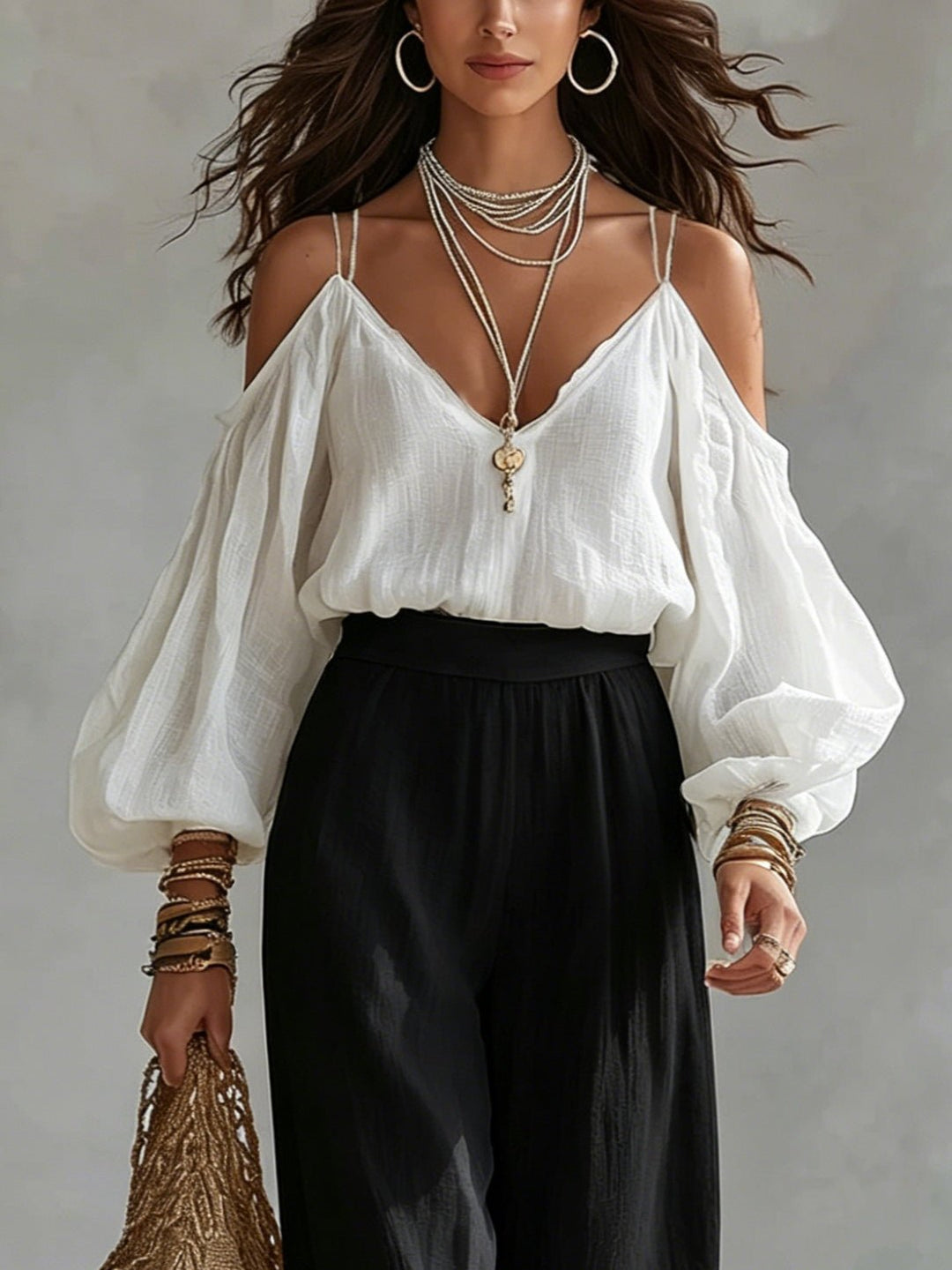 Gesa | Zweiteiler-Set mit Off-Shoulder-Top und weiter Hose, Weiß-Schwarz