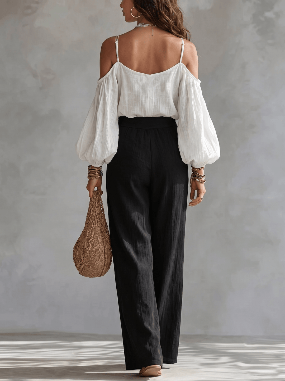 Gesa | Zweiteiler-Set mit Off-Shoulder-Top und weiter Hose, Weiß-Schwarz