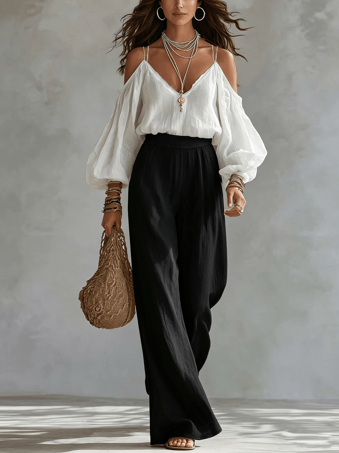 Gesa | Zweiteiler-Set mit Off-Shoulder-Top und weiter Hose, Weiß-Schwarz