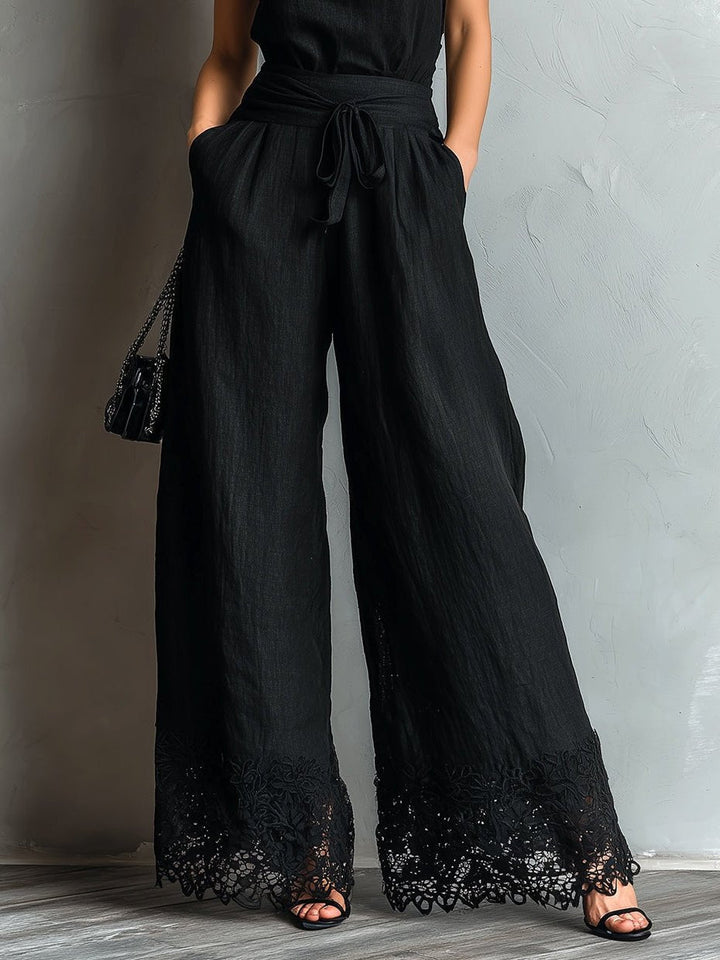 Nadja | Zweiteiler-Set aus Leinenmix mit Neckholder-Top und weiter Hose, Schwarz