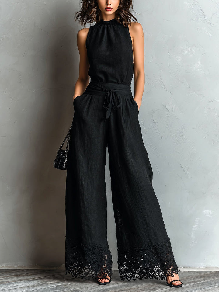 Nadja | Zweiteiler-Set aus Leinenmix mit Neckholder-Top und weiter Hose, Schwarz
