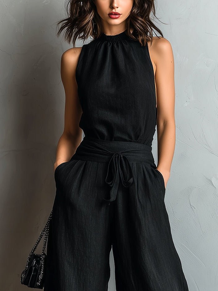 Nadja | Zweiteiler-Set aus Leinenmix mit Neckholder-Top und weiter Hose, Schwarz