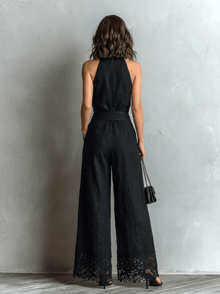 Nadja | Zweiteiler-Set aus Leinenmix mit Neckholder-Top und weiter Hose, Schwarz